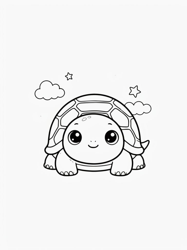 Cute kawaii turtle with oversized eyes and tiny smile.
