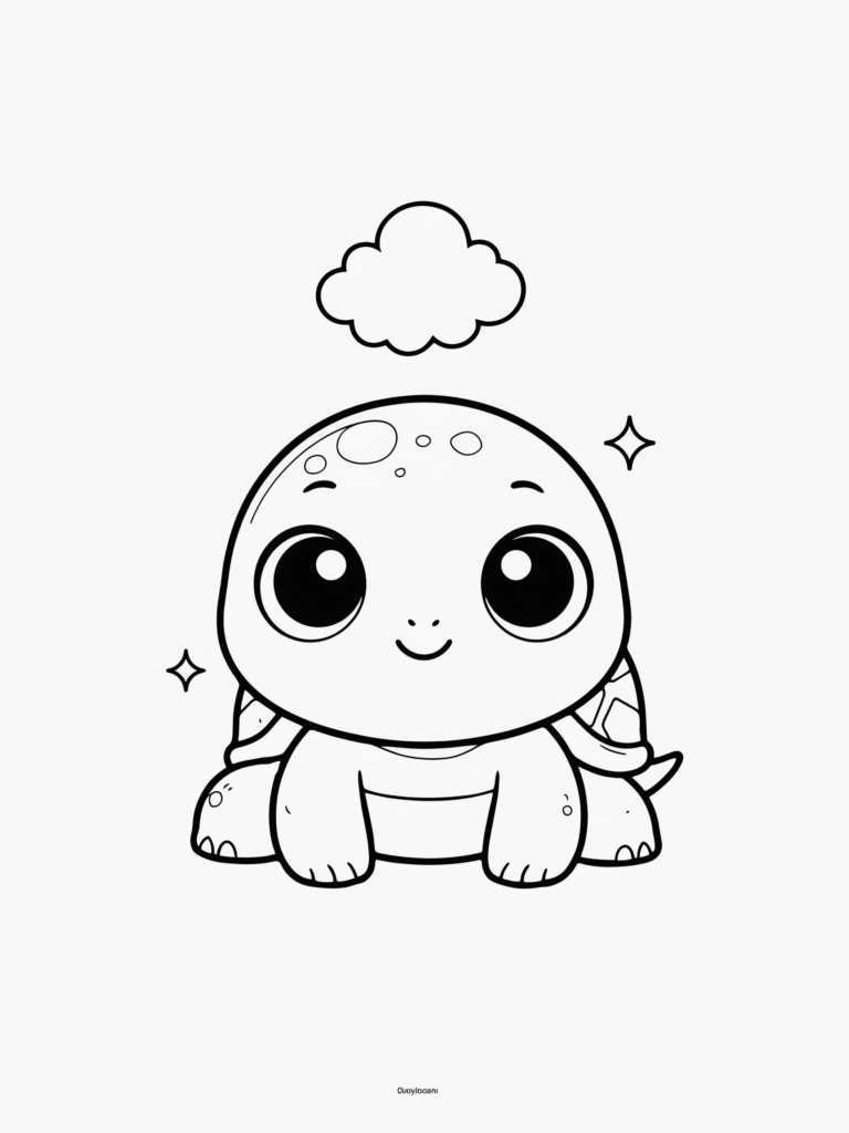 Cute kawaii turtle with oversized eyes and tiny smile.