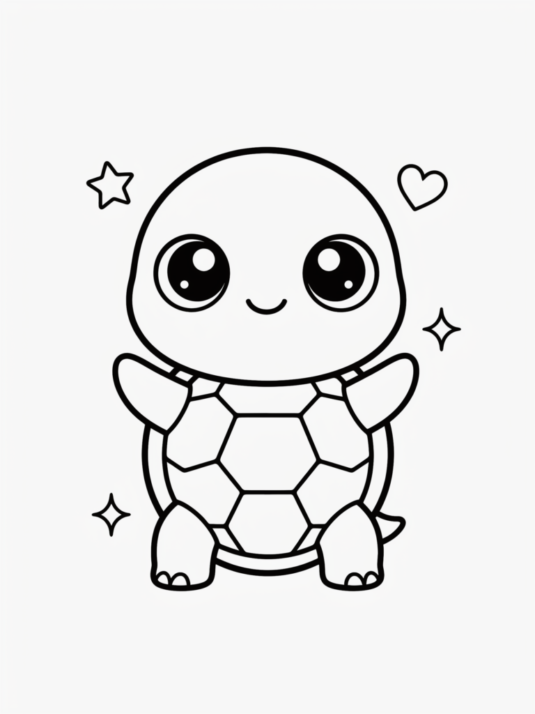 Cute kawaii turtle with oversized eyes and tiny smile.
