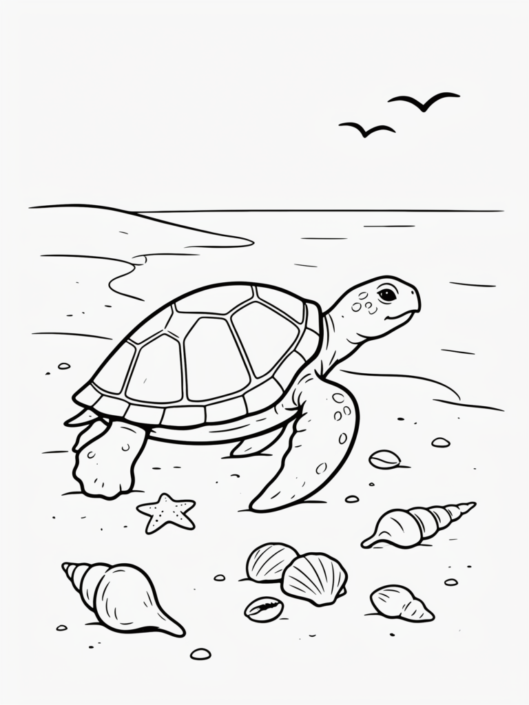 Turtle walking on a sandy beach with seashells.