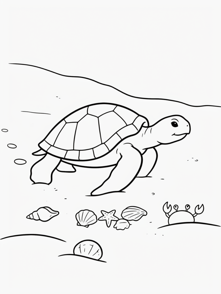 Turtle walking on a sandy beach with seashells.