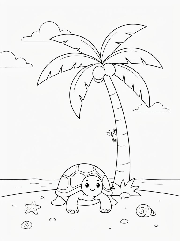 Cute turtle under a palm tree.