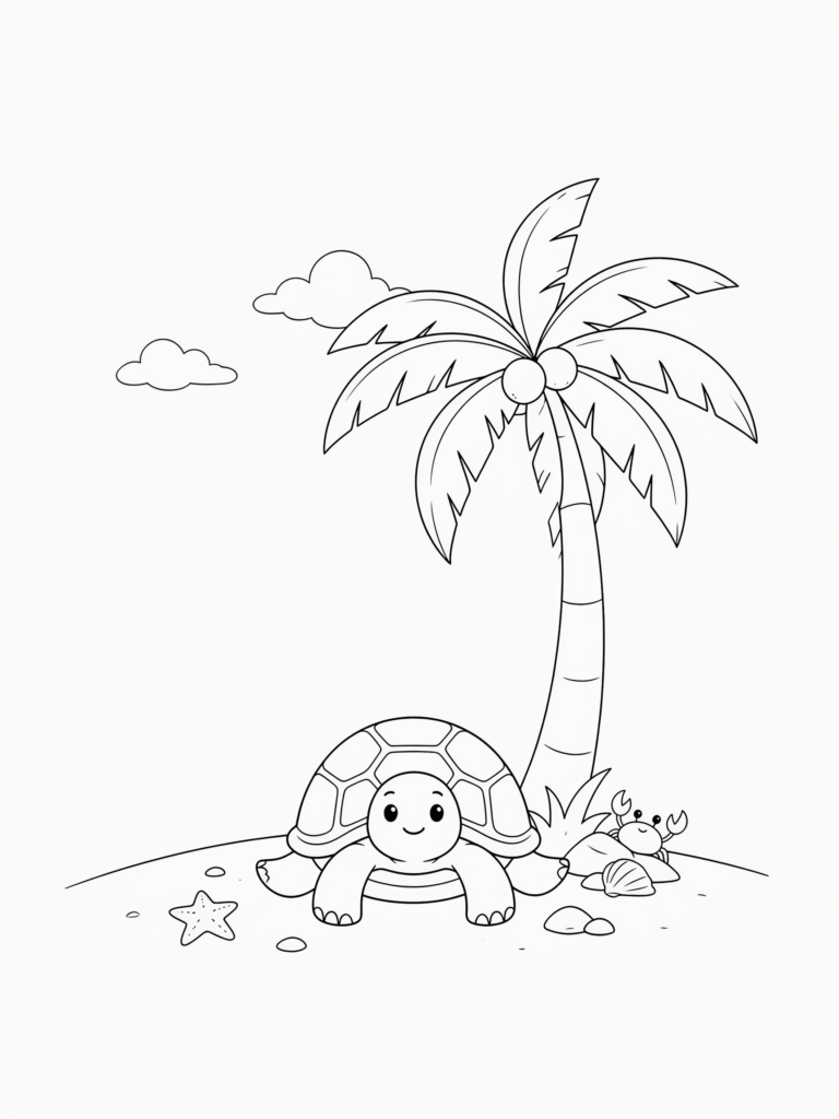 Cute turtle under a palm tree.