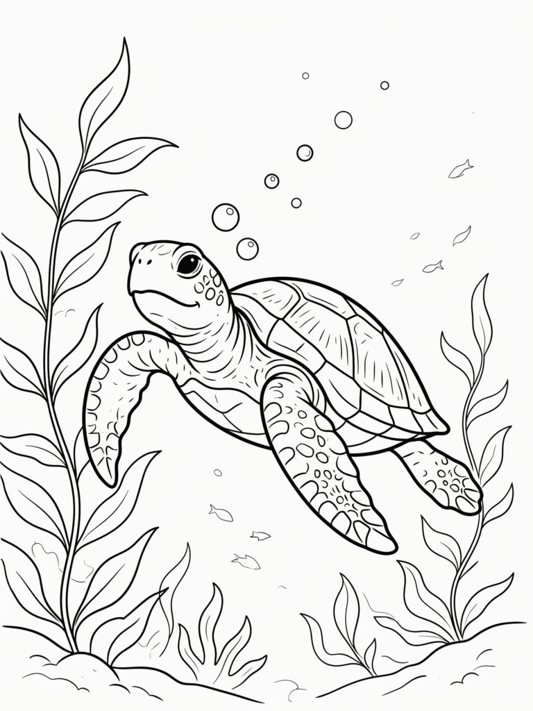 Sea turtle swimming underwater with bubbles and seaweed.