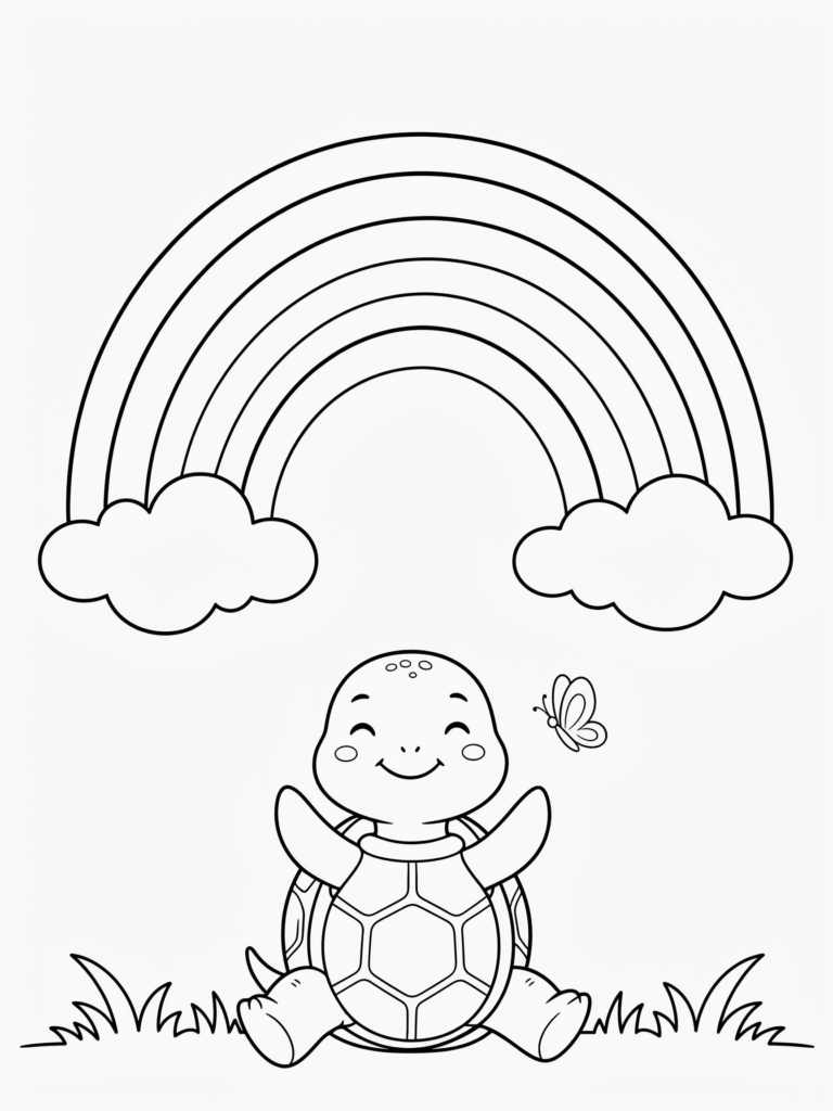 Happy turtle under a rainbow.
