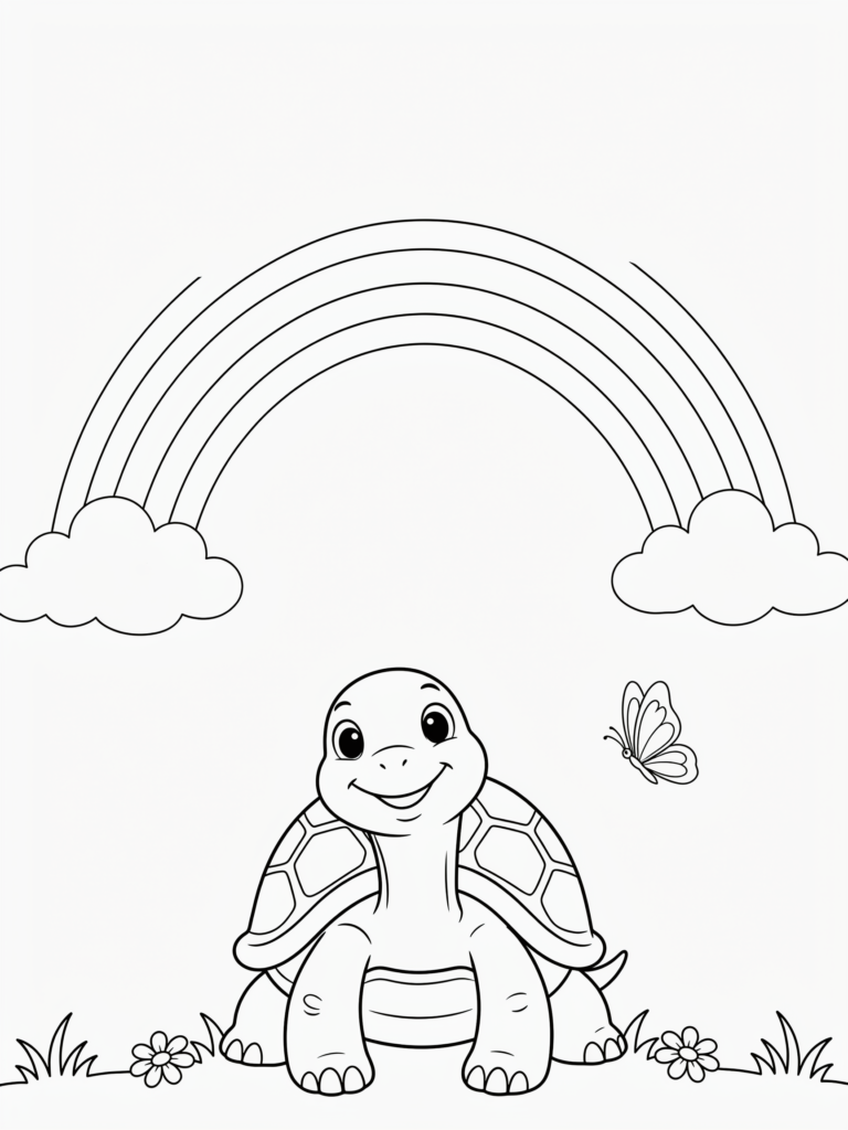 Happy turtle under a rainbow.