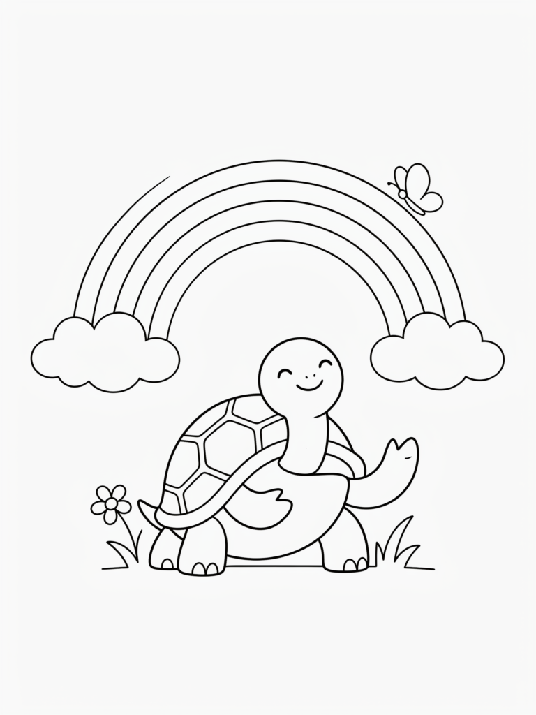 Happy turtle under a rainbow.