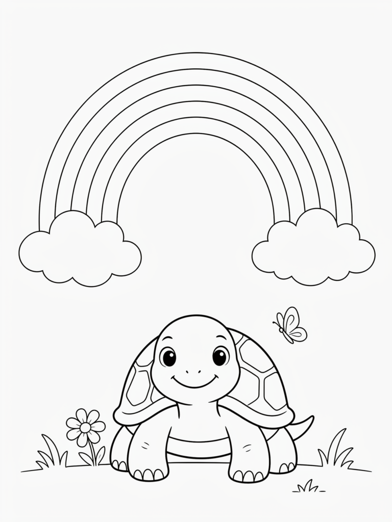Happy turtle under a rainbow.