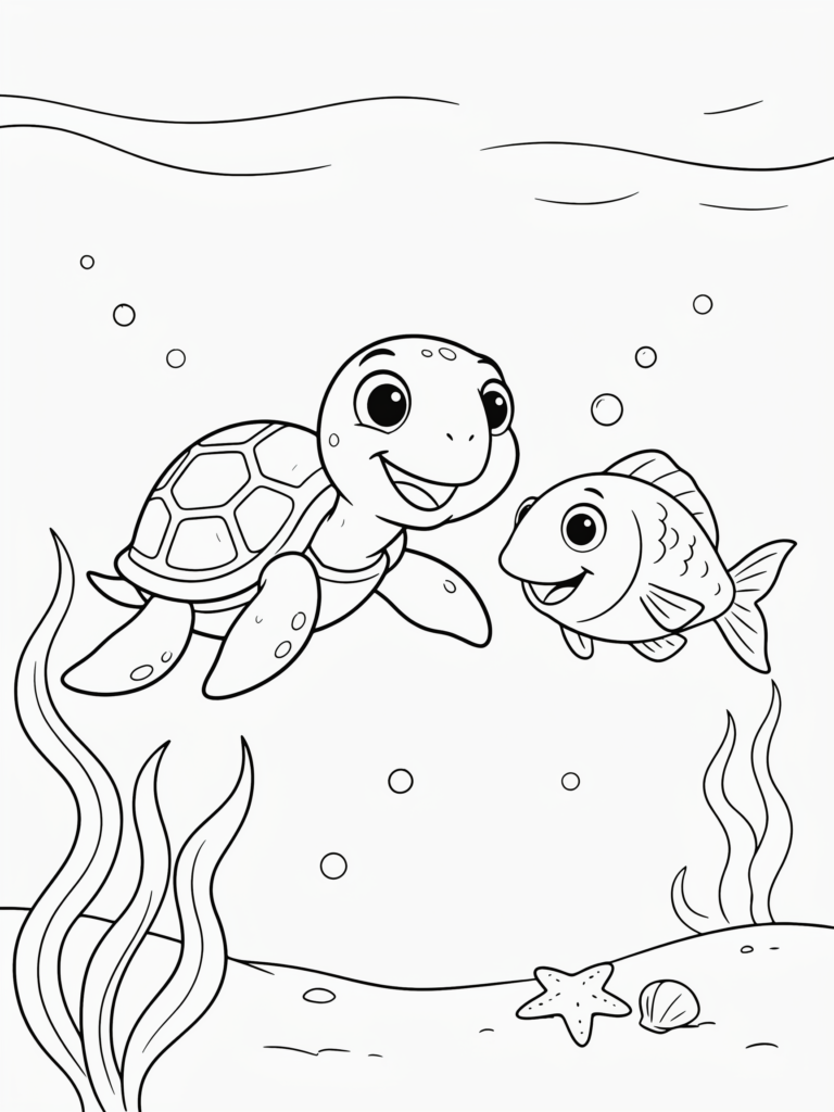 Friendly turtle with a smiling fish.