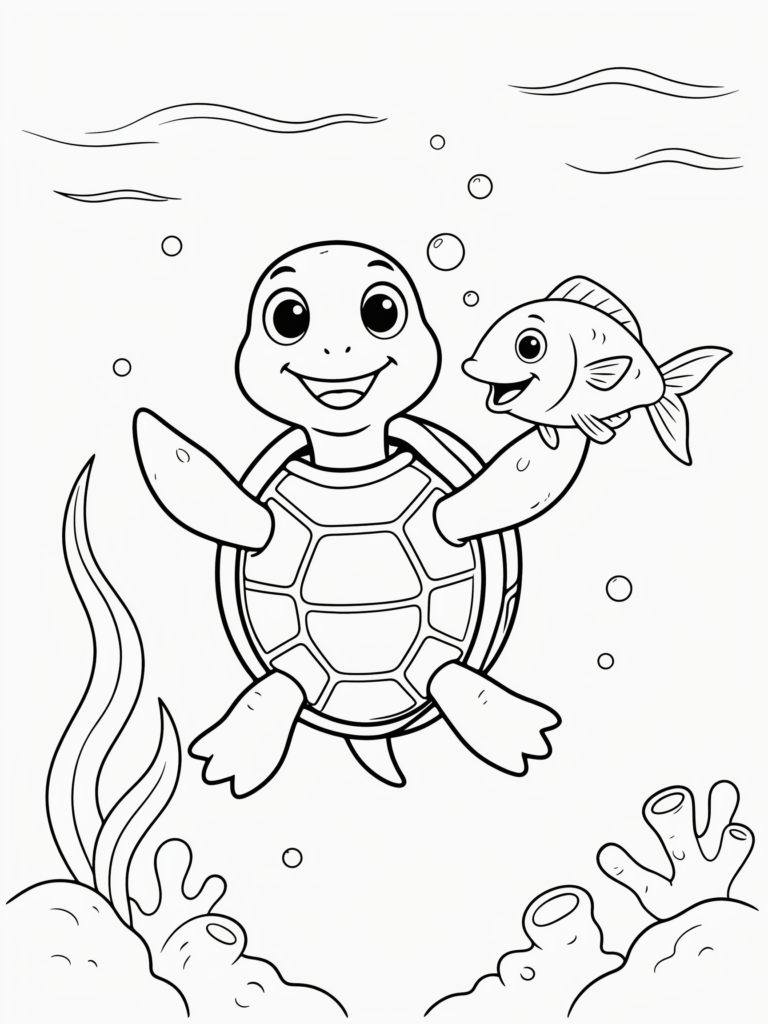 Friendly turtle with a smiling fish.