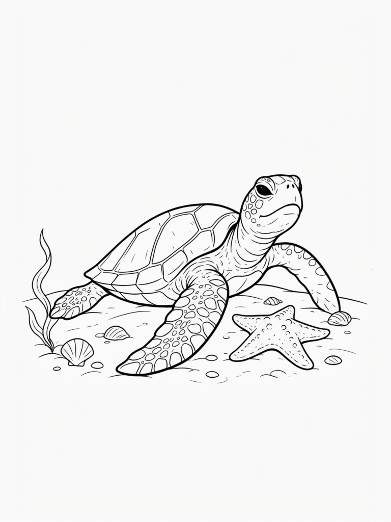 Sea turtle beside a starfish.