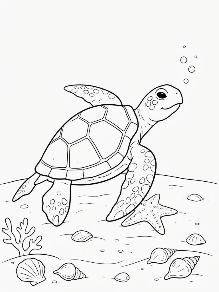 Sea turtle beside a starfish.