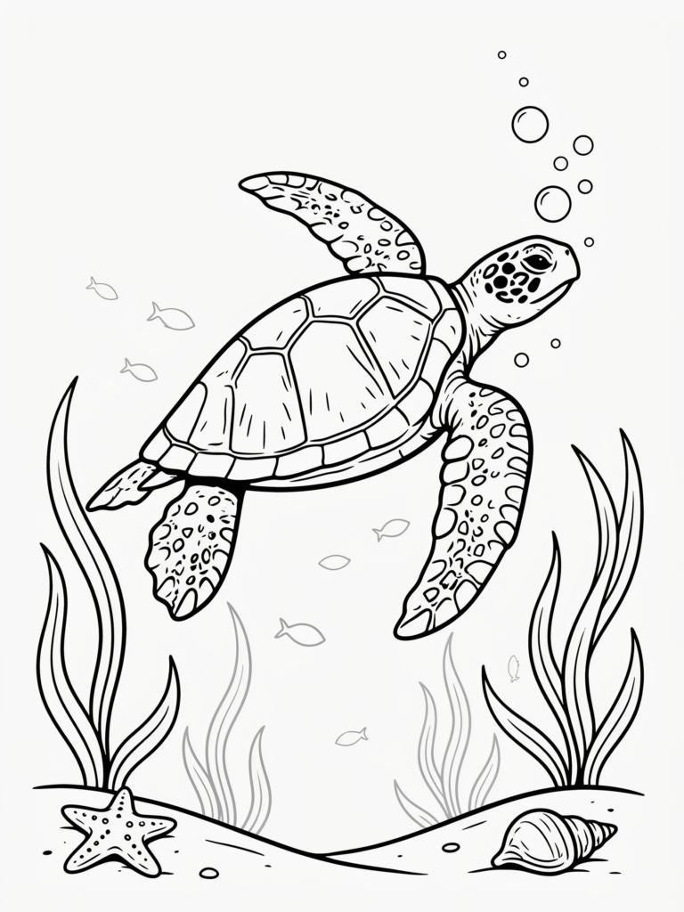 Sea turtle swimming underwater with bubbles and seaweed.