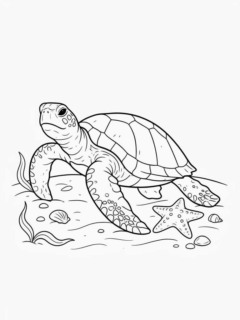 Sea turtle beside a starfish.