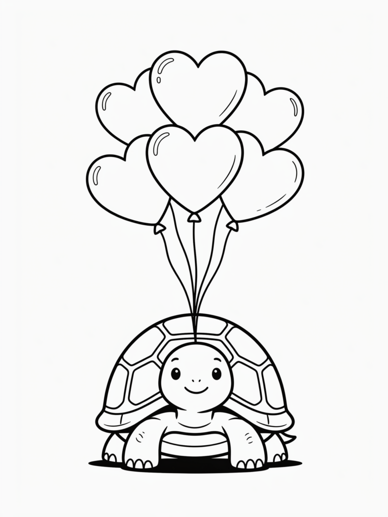 Cute turtle holding heart balloons.
