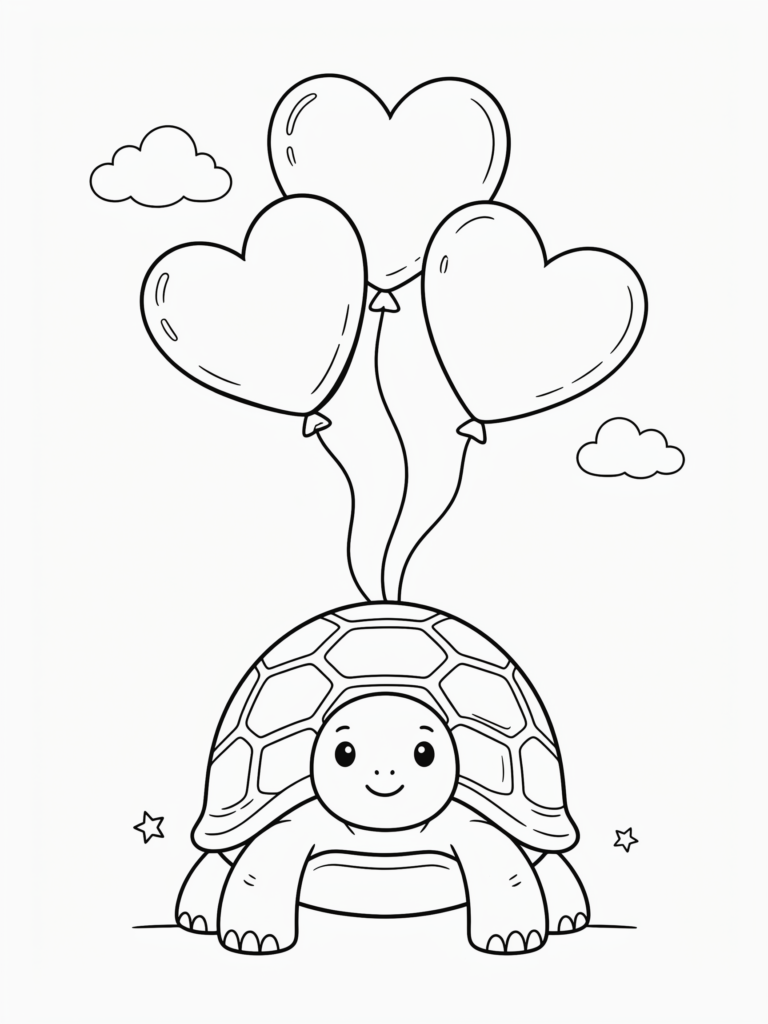 Cute turtle holding heart balloons.