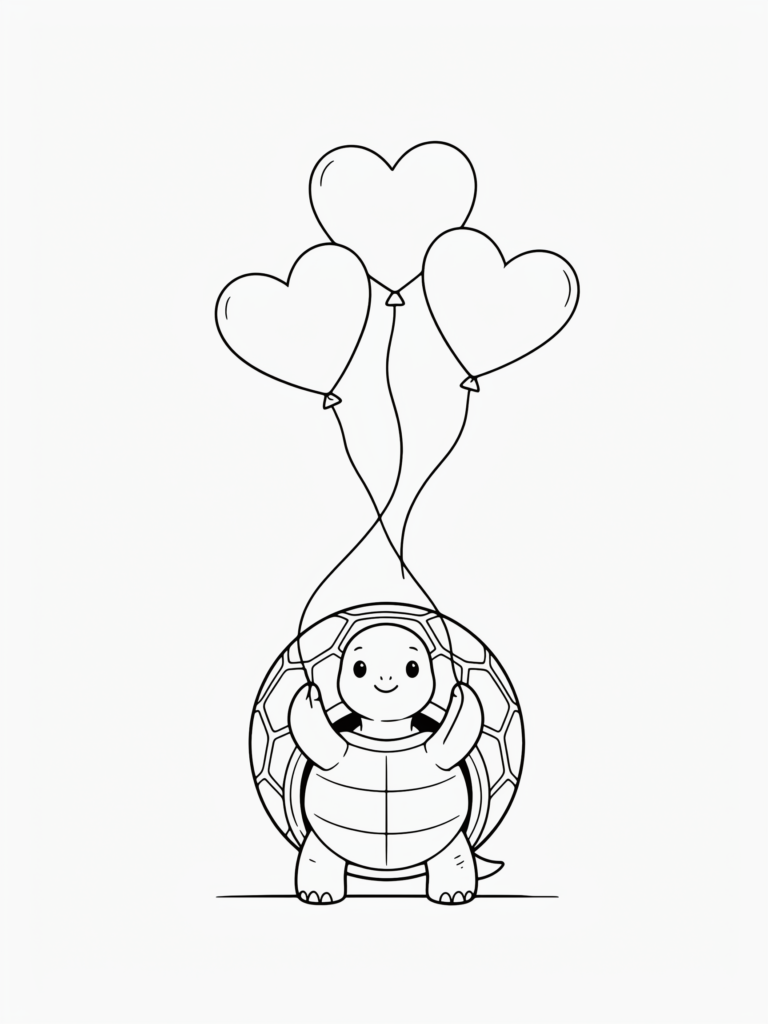 Cute turtle holding heart balloons.