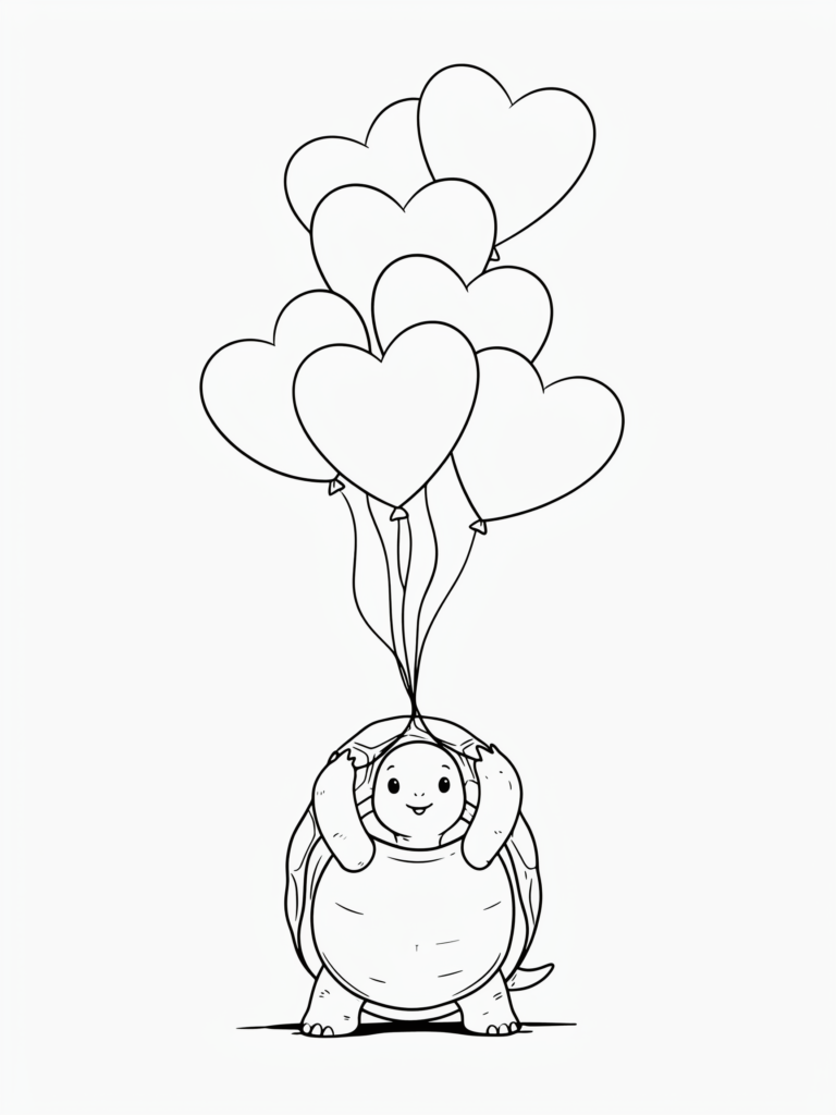Cute turtle holding heart balloons.