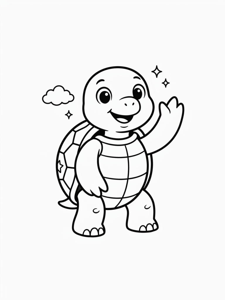 Happy cartoon turtle waving.