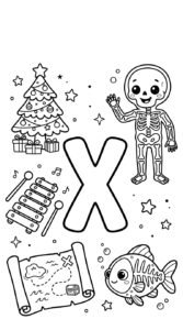 6 Letter X coloring pages featuring a xylophone, X-ray, and treasure map for kids