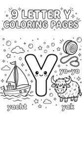 Letter Y coloring pages with yacht, yo-yo, and yak illustrations