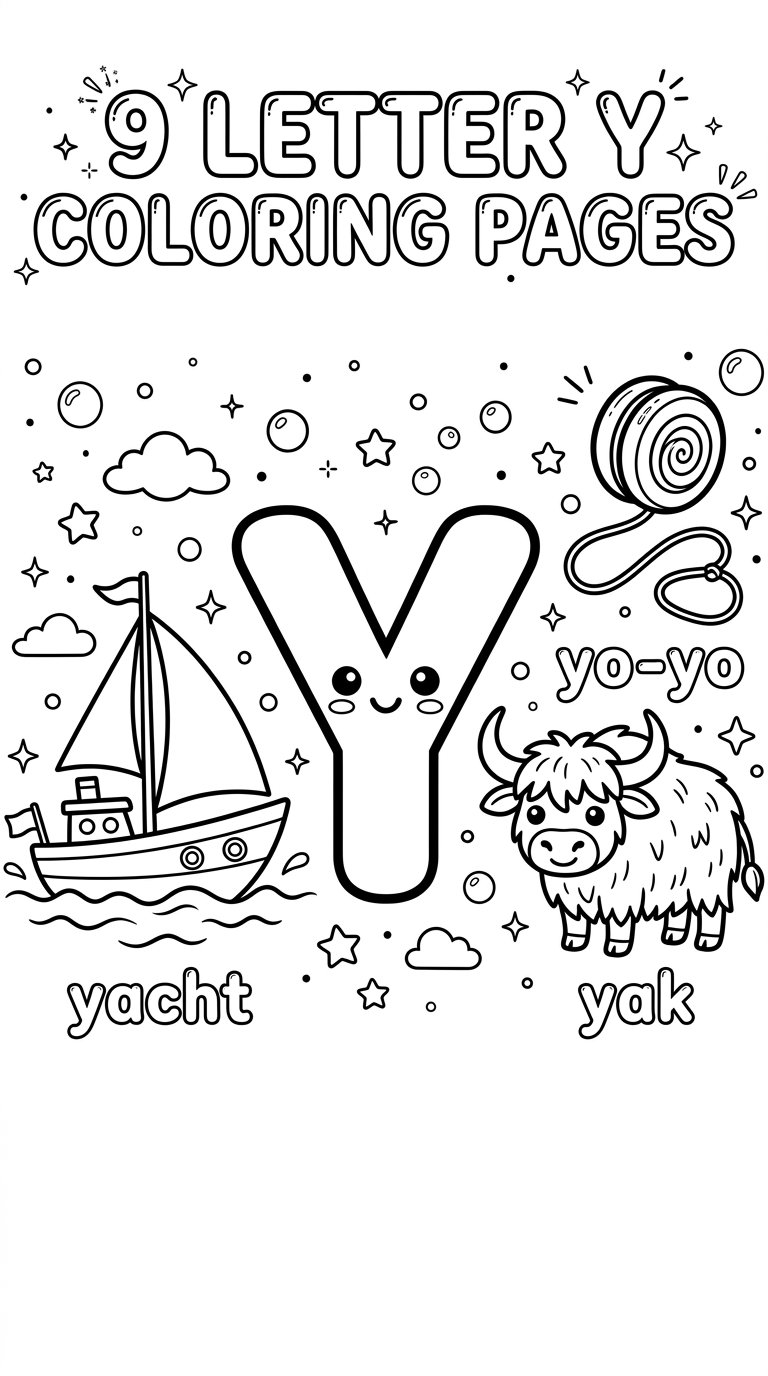Letter Y coloring pages with yacht, yo-yo, and yak illustrations