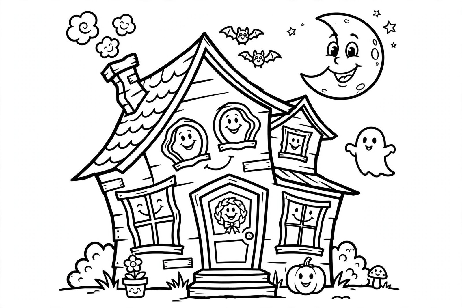Friendly haunted house Halloween coloring page
