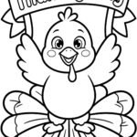 Cute turkey Happy Thanksgiving banner coloring page for kids
