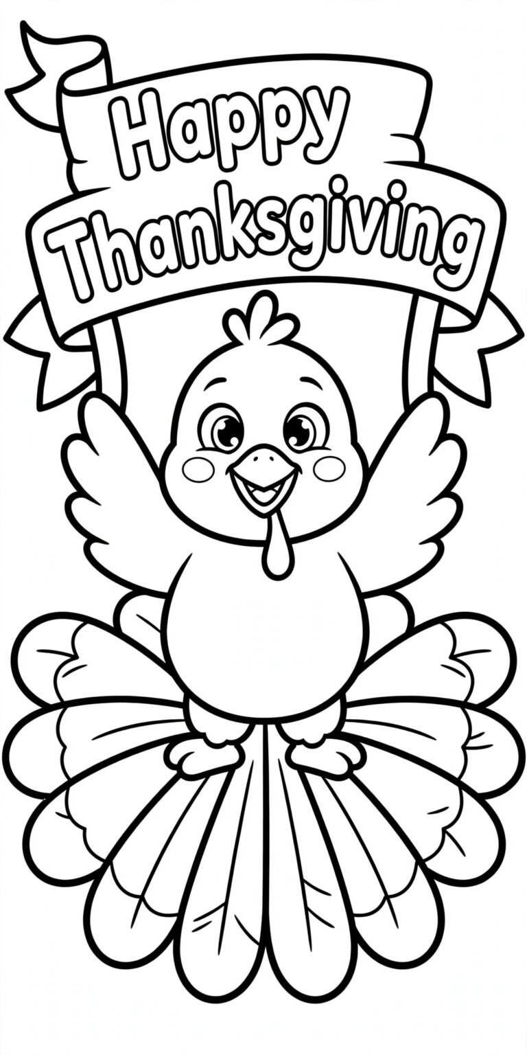 Cute turkey Happy Thanksgiving banner coloring page for kids