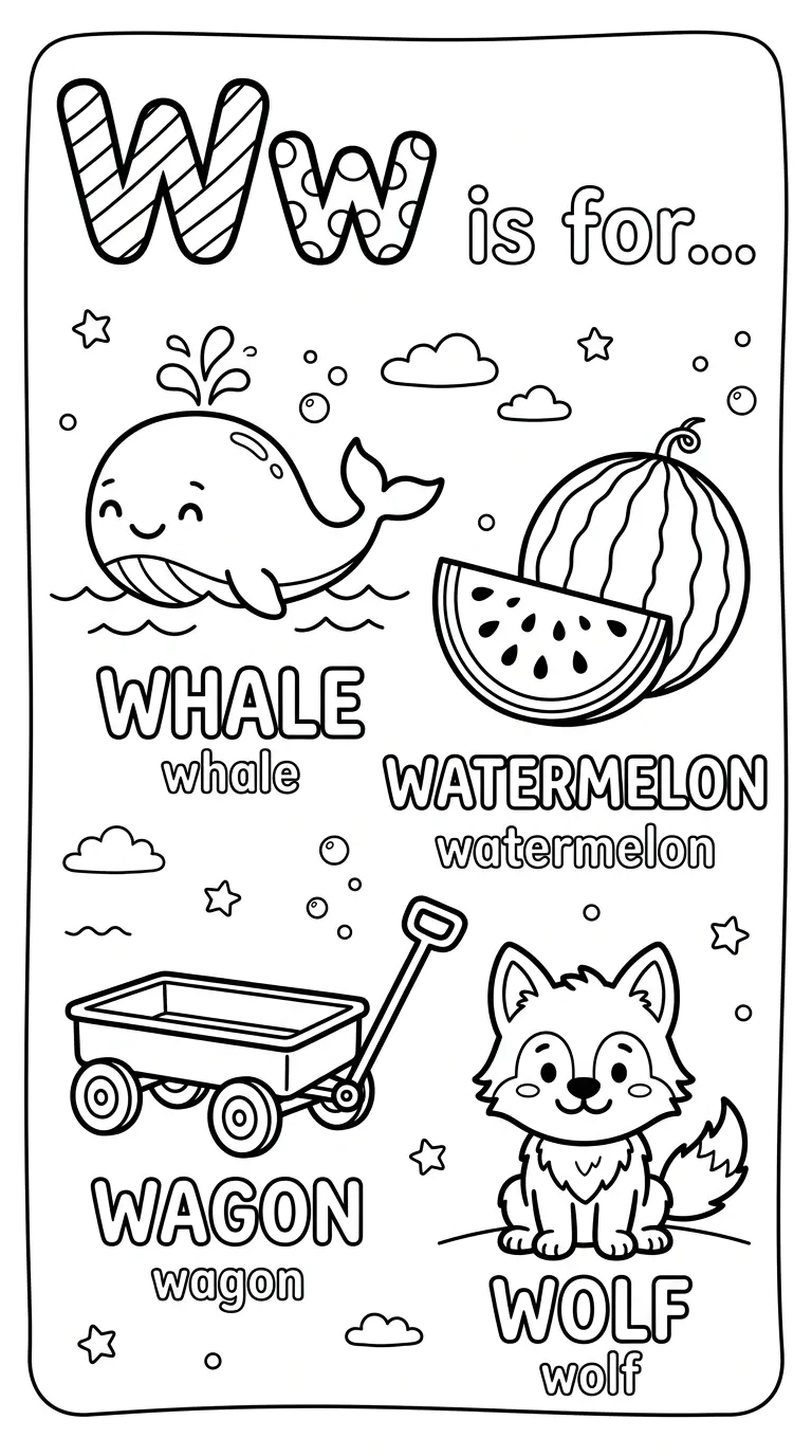 Letter W coloring pages printable collection for kids