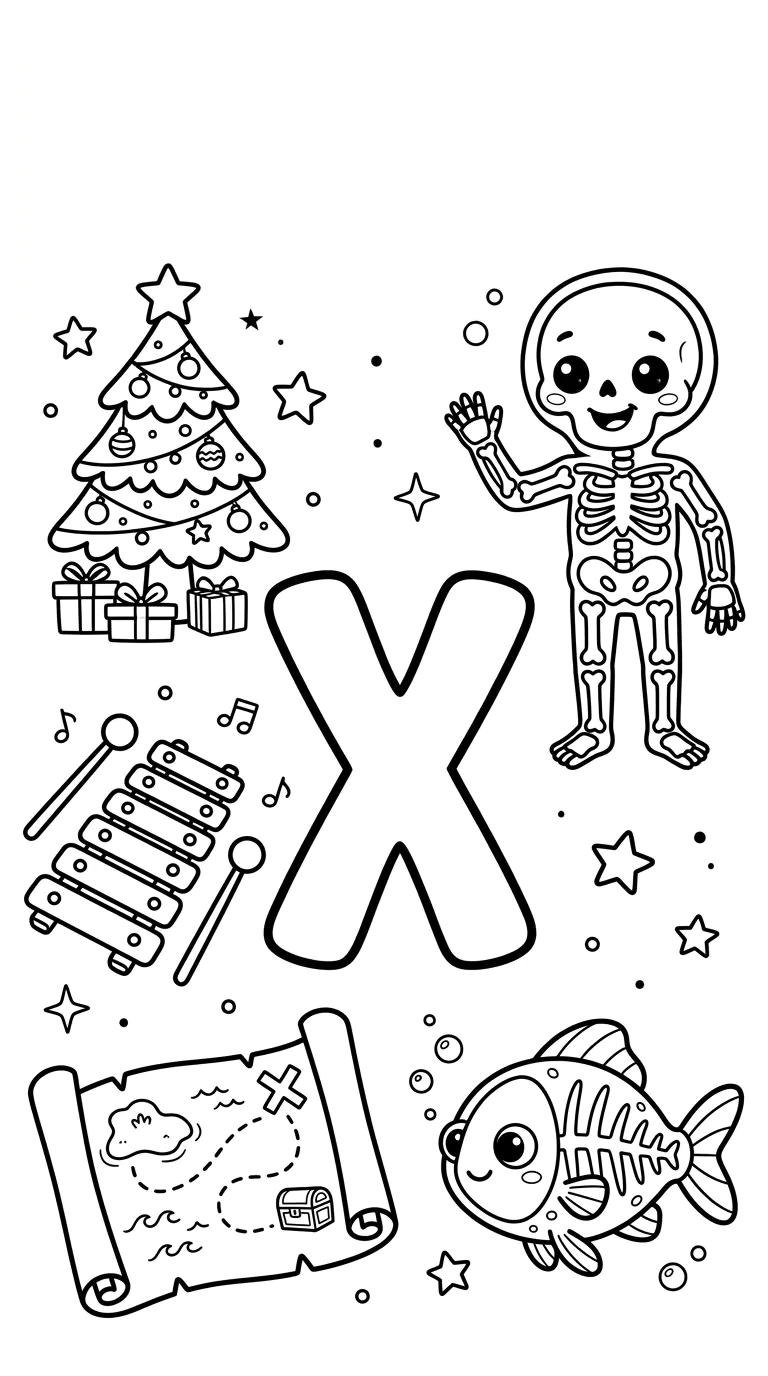 6 Letter X coloring pages featuring a xylophone, X-ray, and treasure map for kids