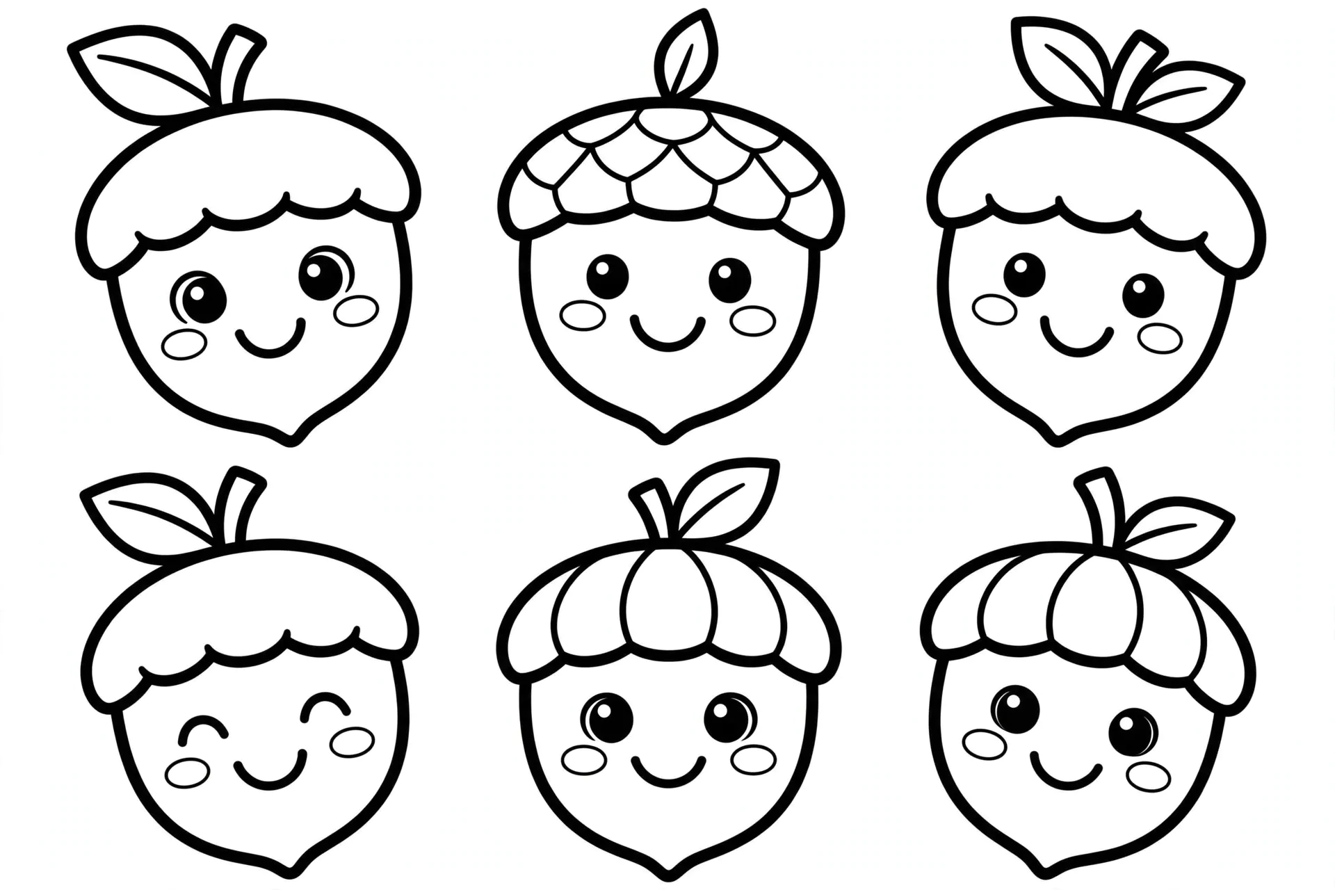 Cute smiling acorns Thanksgiving coloring page for kids