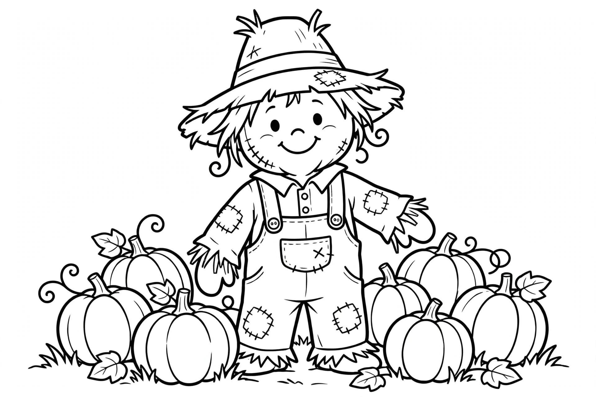 Friendly scarecrow Thanksgiving coloring page for kids